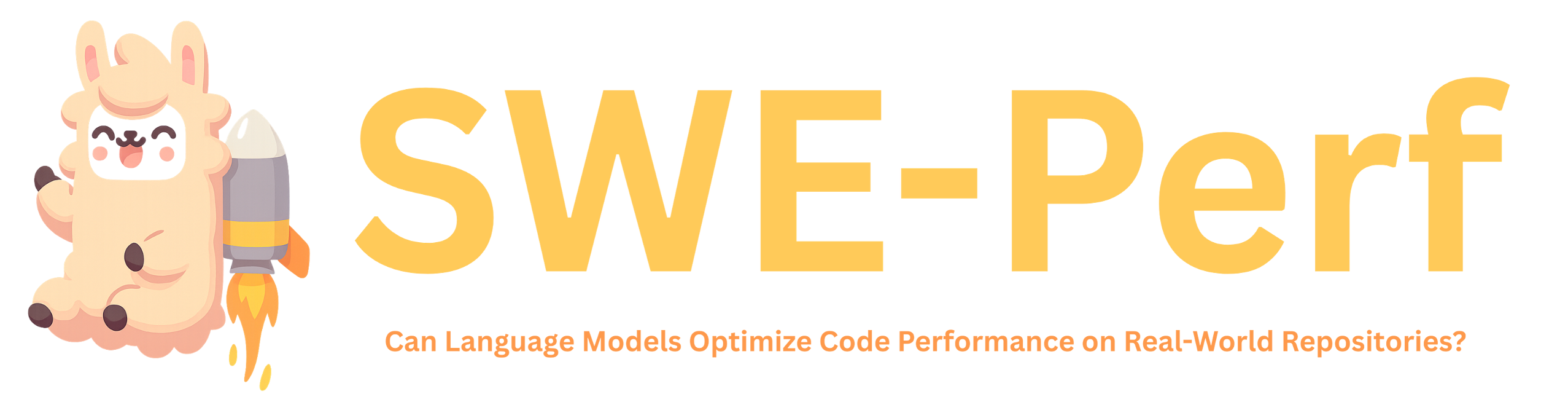 SWE-Perf Logo: A llama on a rocket next to the text 'SWE-Perf: Can Language Models Optimize Code Performance on Real-World Repositories?'